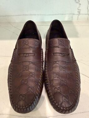 Gucci Brown Embossed GG Leather Penny Loafers